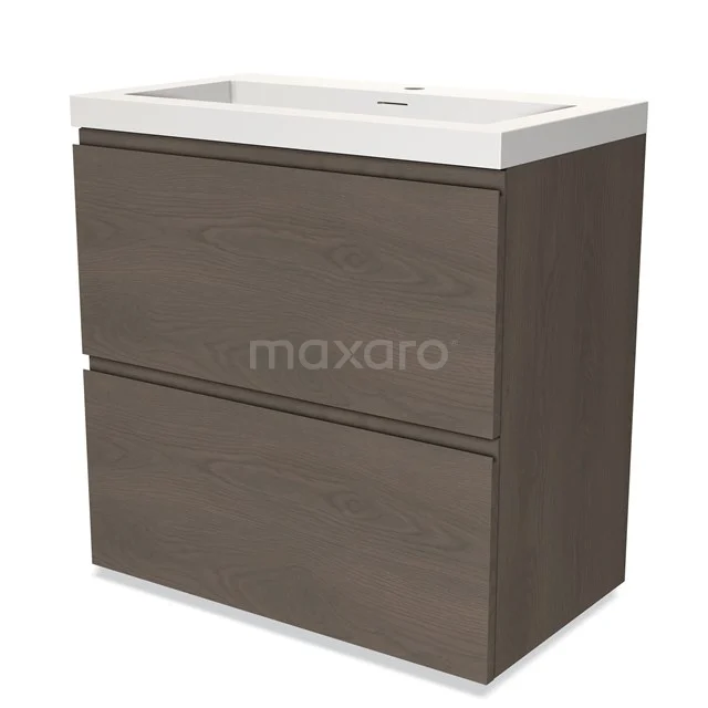 Modulo Waschtische | 80 cm Dunkelbraune Eiche Grifflos front Solid Surface 2 hohe Schubladen übereinanderliegend BMW13-01189 Holz Badezimmermöbel mit zwei Schubladen und einem weißen Keramik Waschbecken, modernes Design geeignet für stilvolle Bäder.