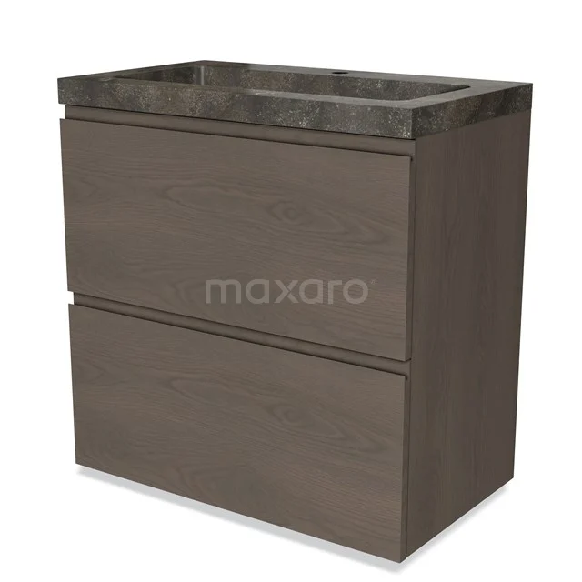 Wooden bathroom unit with two drawers in walnut colour, fitted with a grey marble-look basin worktop, modern design.