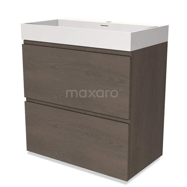 Bathroom unit wood-look with two drawers and white ceramic basin, compact design for functional bathroom fittings.