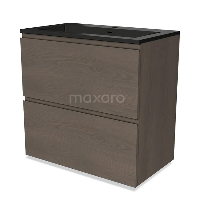 Holz-Badschrank mit dunklem Waschbecken, kompaktes Design, zwei Schubladen, ideal für moderne Badezimmer.