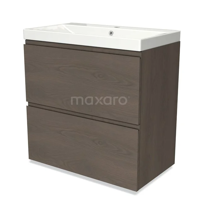 Modulo Vanity units with basin | 80 cm Dark brown oak Handle-less front Ceramic 2 stacked drawers under each other BMW13-01196