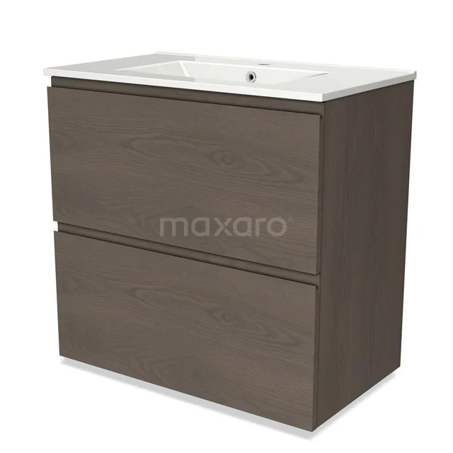 Modulo Vanity units with basin | 80 cm Dark brown oak Handle-less front Ceramic 2 stacked drawers under each other BMW13-01197