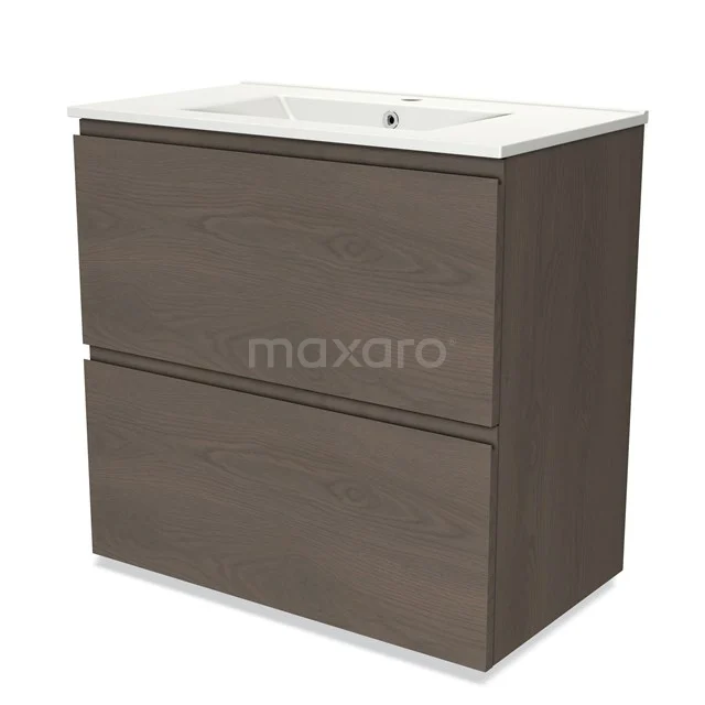 Modulo Vanity units with basin | 80 cm Dark brown oak Handle-less front Ceramic 2 stacked drawers under each other BMW13-01198