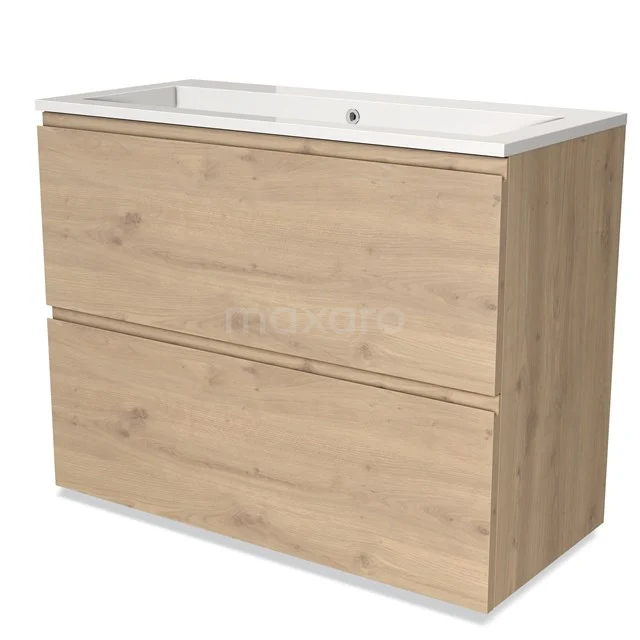 Houten badkamermeubel met wastafel, eikenlook, moderne stijl, met twee ruime opberglades voor een georganiseerde badkamer.