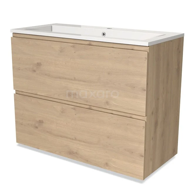 Houten badkamermeubel met wastafel, twee lades en natuurlijke eiken look, ideaal voor een moderne badkamerinrichting.