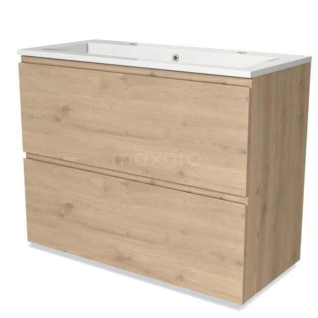 Houten badkamermeubel met twee lades, lichte eiken finish en geïntegreerde wastafel, ideaal voor moderne badkamerinrichting.