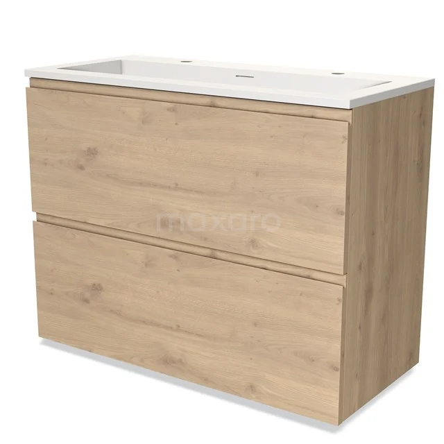 Houten badkamermeubel met twee lades, naturel eiken look, inclusief wit keramische wastafel, modern en strak design.