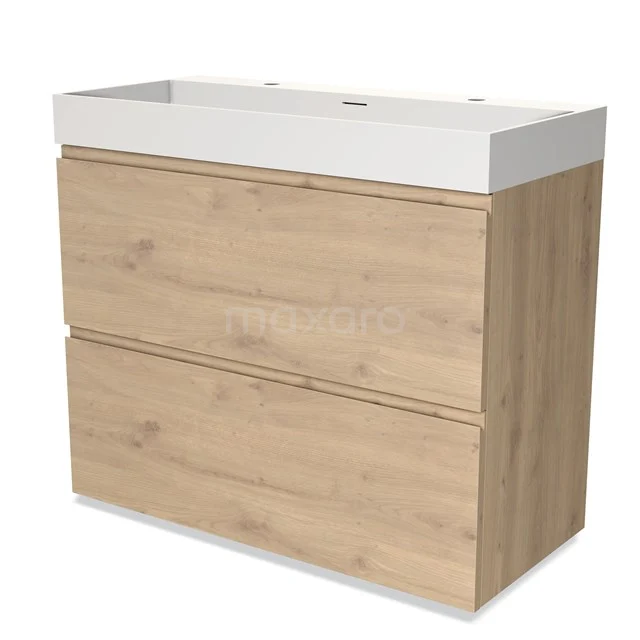 Wooden bathroom unit with two drawers, oak look, and white basin, ideal for a modern bathroom design.