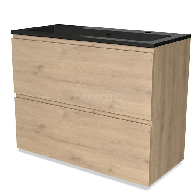 Houten badkamermeubel met twee lades en zwarte keramische wastafel, modern ontwerp uit Oak-serie.