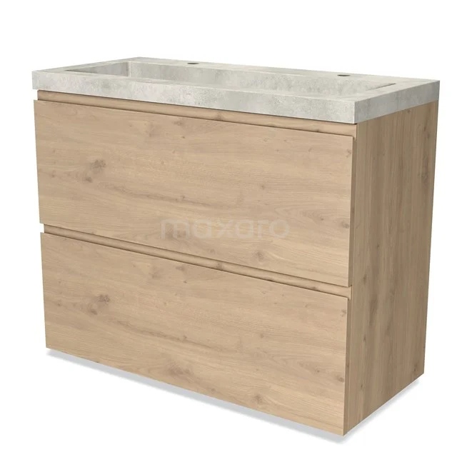 Eikenhouten badkamermeubel met twee lades en een wit marmeren wastafelblad, ideaal voor moderne badkamerinrichting.
