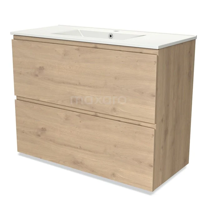 Houten badkamermeubel met twee lades, eikenlook, matig breed ontwerp, inclusief witte wastafel en modern minimalistisch design.