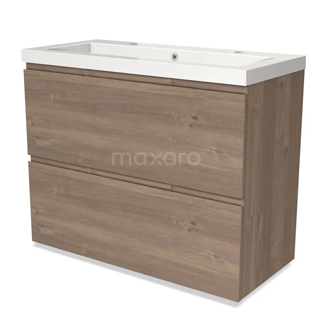 Modulo Vanity units with basin | 100 cm Mid brown oak Handle-less front Mineral marble 2 stacked drawers under each other BMW13-01224