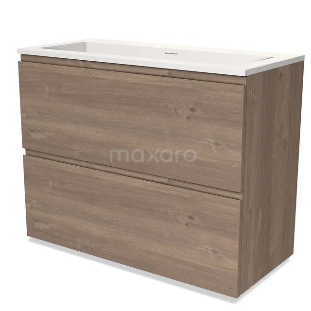 Badmöbel 100cm Modulo Mittelbraune Eiche 2 hohe Schubladen Griffloses Waschbecken Solid Surface BMW13-01229 Holz Badezimmermöbel mit zwei Schubladen, moderne Eiche Optik, inklusive Waschbecken mit keramischer Oberfläche, ideal für jedes Badezimmer.