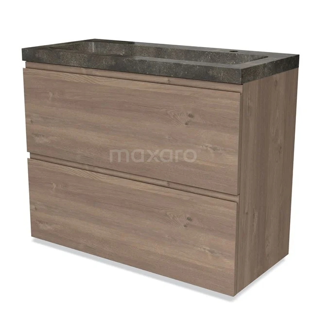 Holz-Badmöbel mit zwei Schubladen, rustikaler Eichenoptik und grauer Waschtischplatte, ideal für moderne Bäder.