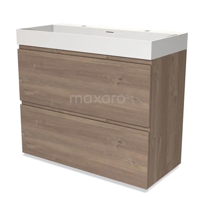 Modulo Vanity units with basin | 100 cm Mid brown oak Handle-less front Solid surface 2 stacked drawers under each other BMW13-01232