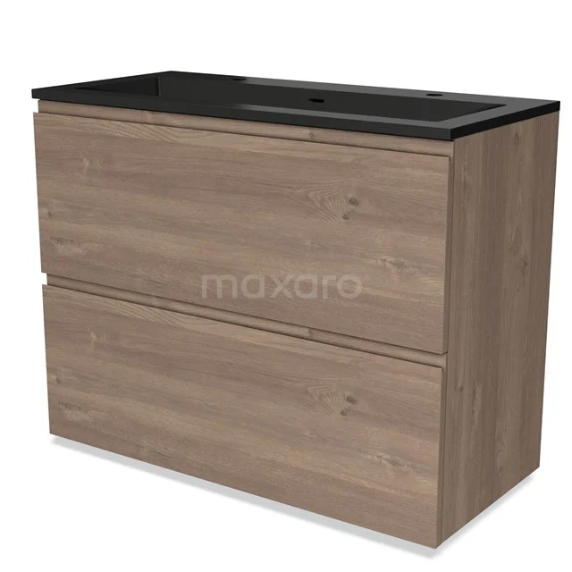 Wooden bathroom unit with dark basin, two drawers and a modern finish. Perfect for stylish bathroom storage.