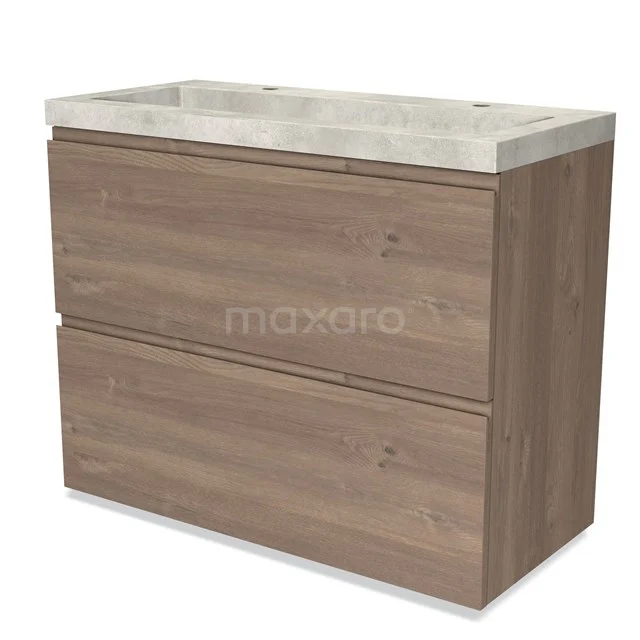 Modulo Vanity units with basin | 100 cm Mid brown oak Handle-less front Concrete 2 stacked drawers under each other BMW13-01235