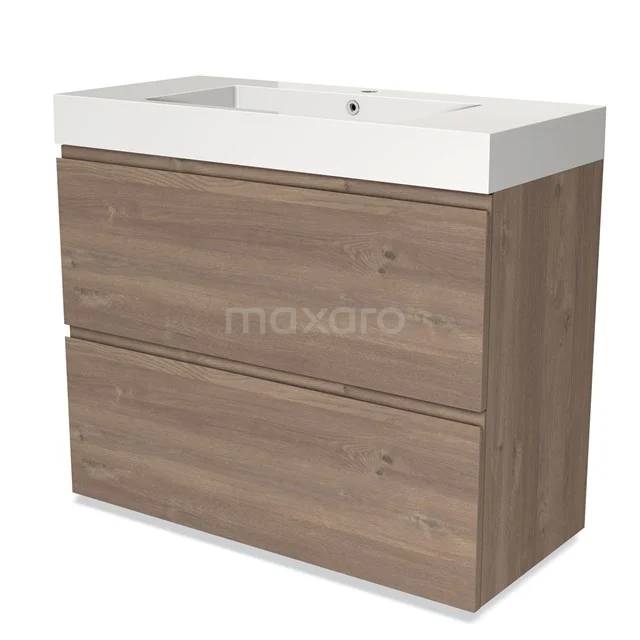 Modulo Vanity units with basin | 100 cm Mid brown oak Handle-less front Mineral marble 2 stacked drawers under each other BMW13-01239