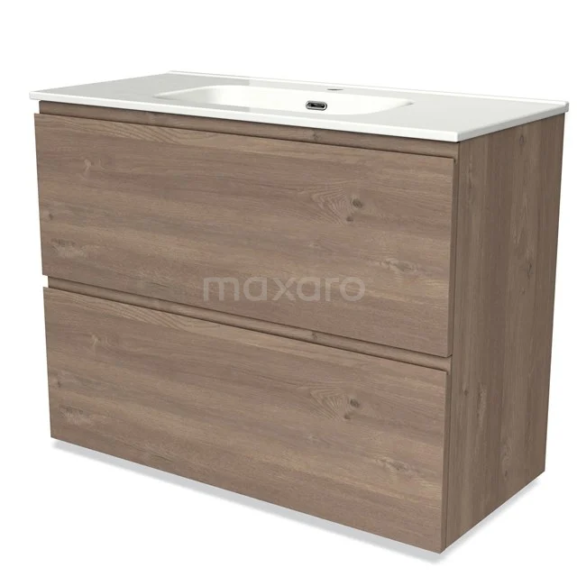 Modern wooden bathroom unit with two drawers, oak finish and white ceramic basin; stylish and practical.