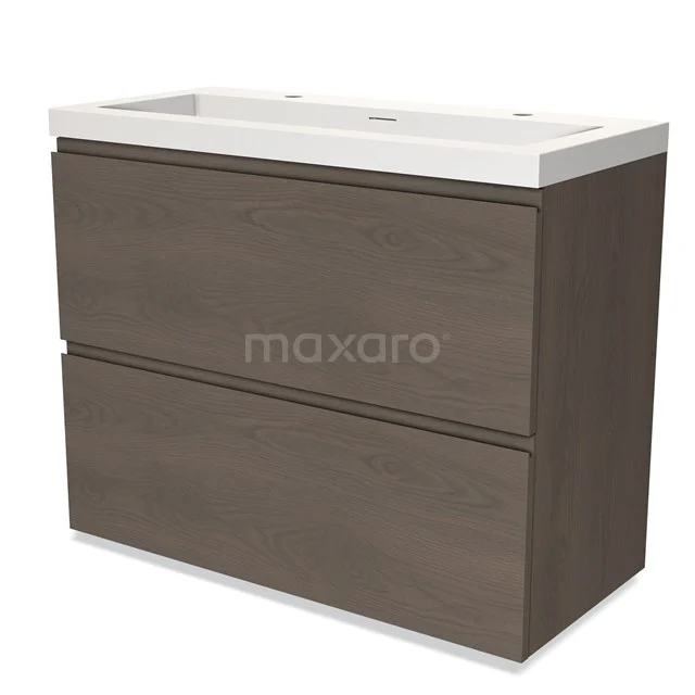 Wooden vanity unit with two drawers in walnut colour, fitted with a white ceramic sink, ideal for a modern bathroom.