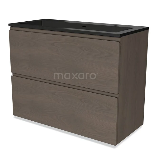 Holz Badezimmermöbel in Walnussfarbe mit schwarzem Waschbecken, schlichtem Design und zwei geräumigen Schubladen für Stauraum.