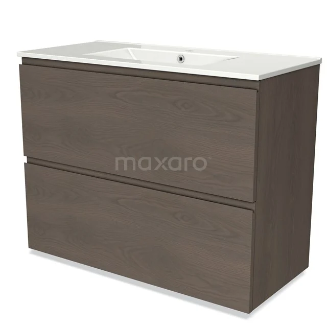 Modulo Vanity units with basin | 100 cm Dark brown oak Handle-less front Ceramic 2 stacked drawers under each other BMW13-01257