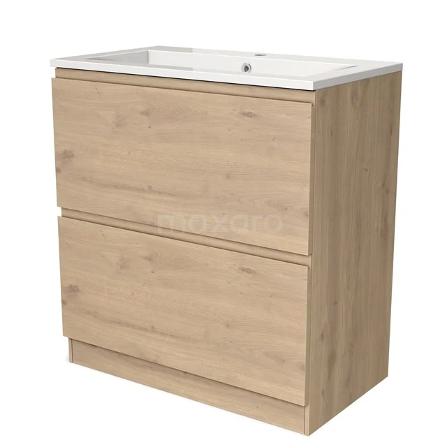 Holz Badezimmermöbel mit zwei Schubladen, natürliche Eichenfarbe, einschließlich weißem Waschbecken, geeignet für moderne Badezimmergestaltung.