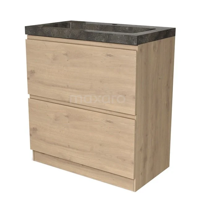Wooden bathroom cabinet with two drawers, dark natural stone basin worktop, modern design. Perfect for a stylish bathroom.