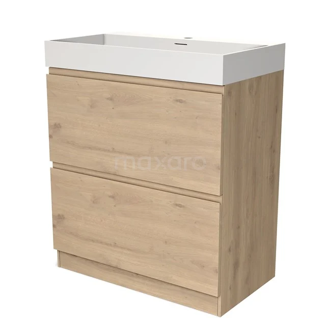 Modulo Waschtische | 80 cm Hellbraune Eiche Grifflos front Solid Surface 2 hohe Schubladen übereinanderliegend BMW13S-00295 Badmöbel Holzoptik mit weißem Waschbecken, 2 Schubladen, modernes Design, praktisch für die Aufbewahrung in kleinen und großen Bädern.