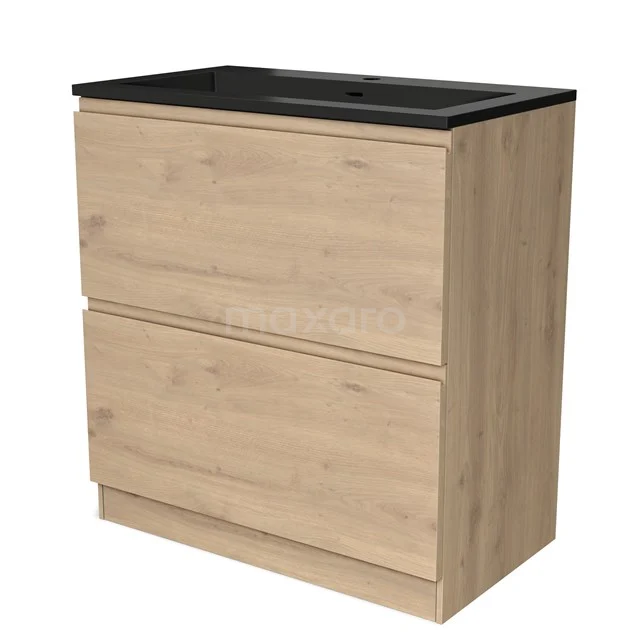 Wooden bathroom unit with two drawers and a black basin worktop, modern design for stylish bathroom design.