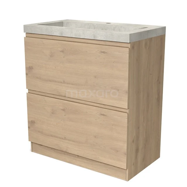 Holz-Badmöbel mit zwei Schubladen und einer Waschtischplatte aus hellgrauem Naturstein, ideal für moderne Bäder.