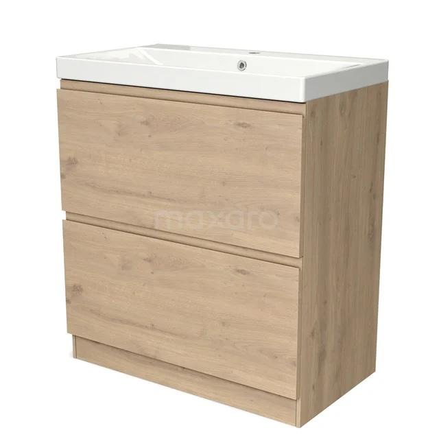 Wooden bathroom unit with basin, two soft-close drawers and oak-look finish, ideal for modern bathrooms.