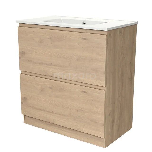 Holz Badezimmermöbel mit 2 Schubladen, heller Eiche Farbe, einschließlich weißem Waschbecken aus Keramik für einen modernen Stil.