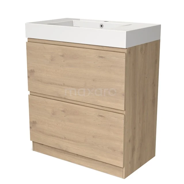 Houten badkamermeubel met witte wastafel, 2 lades en modern design; ideaal voor stijlvol opbergen in de badkamer.