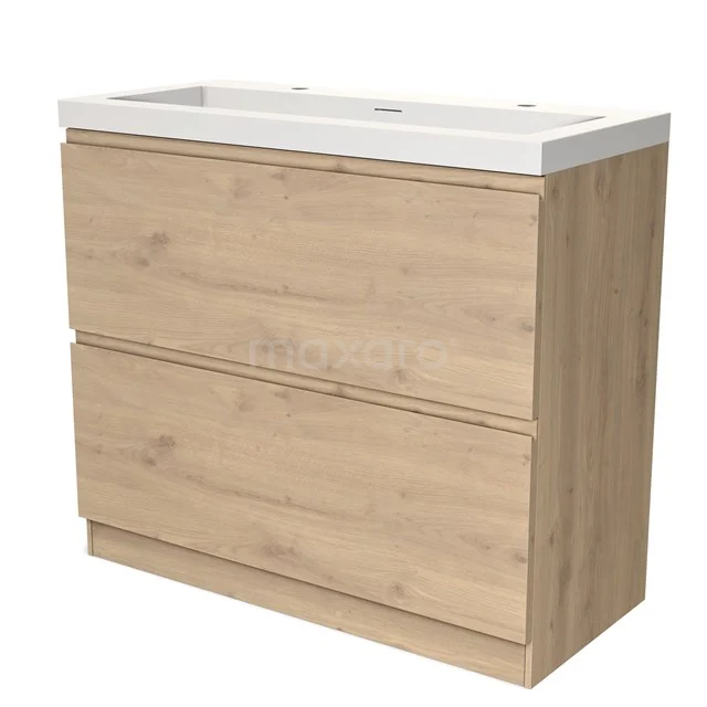 Houten badkamermeubel met twee lades en witte wastafel, Scandinavisch design, ideaal voor moderne badkamers.