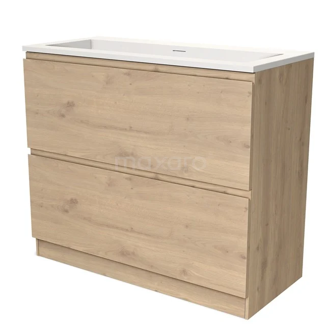 Houten badkamermeubel met twee brede lades, licht eiken afwerking en wit wastafelblad, ideaal voor moderne badkamers.