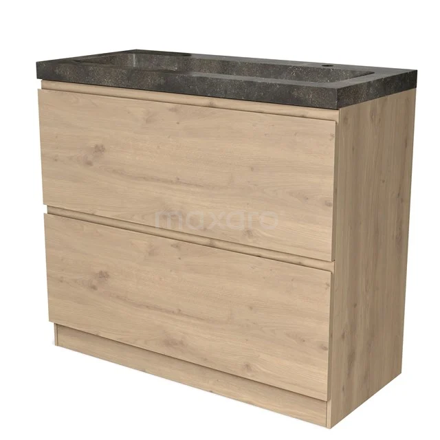 Houten badkamermeubel met twee lades, zwarte steenlook wastafel, moderne uitstraling, ideaal voor stijlvolle badkamerinrichting.