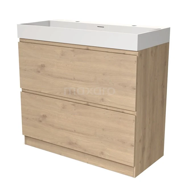 Houten badkamermeubel met twee lades en witte wastafel, ideaal voor moderne badkamers.