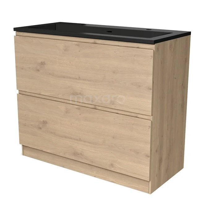 Houten badkamermeubel met zwarte wastafel, twee lades en modern design, ideaal voor een stijlvolle en functionele badkamer.