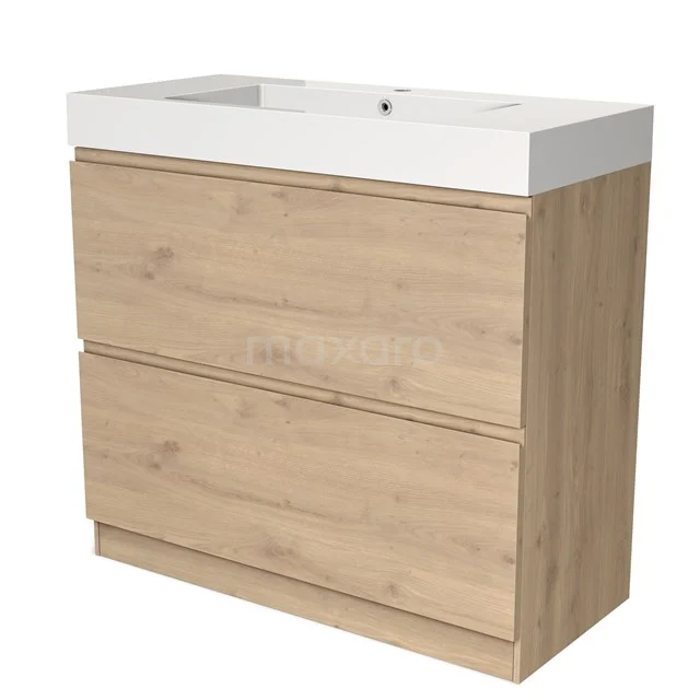 Houten badkamermeubel met witte wastafel, modern design, twee lades. Perfect voor stijlvolle badkameropslag.