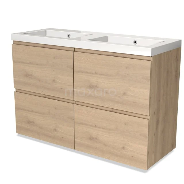 Houten badkamermeubel met dubbele wastafel, licht eiken look, moderne stijl, perfect voor een stijlvolle badkamerinrichting.