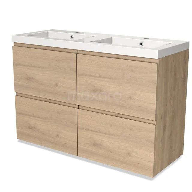 Houten badkamermeubel met dubbele wastafel, modern design, lichte houttint, ideaal voor stijlvol opbergen in de badkamer.
