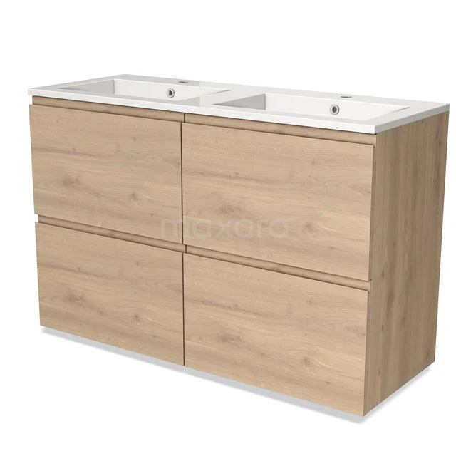 Houten badmeubel met dubbele wastafel, moderne eiken look, ideale opbergoplossing voor een stijlvolle badkamer.