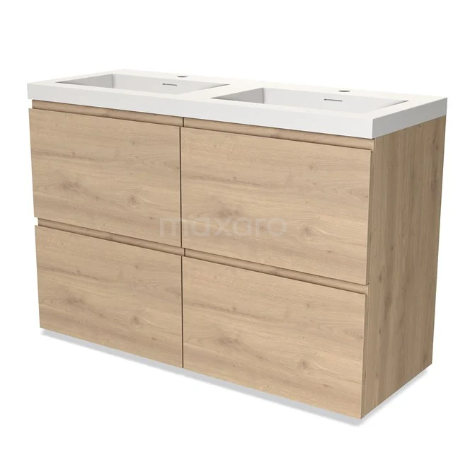 Dubbele wastafelonderkast van licht eikenhout met vier lades, ideaal voor een moderne badkamer.