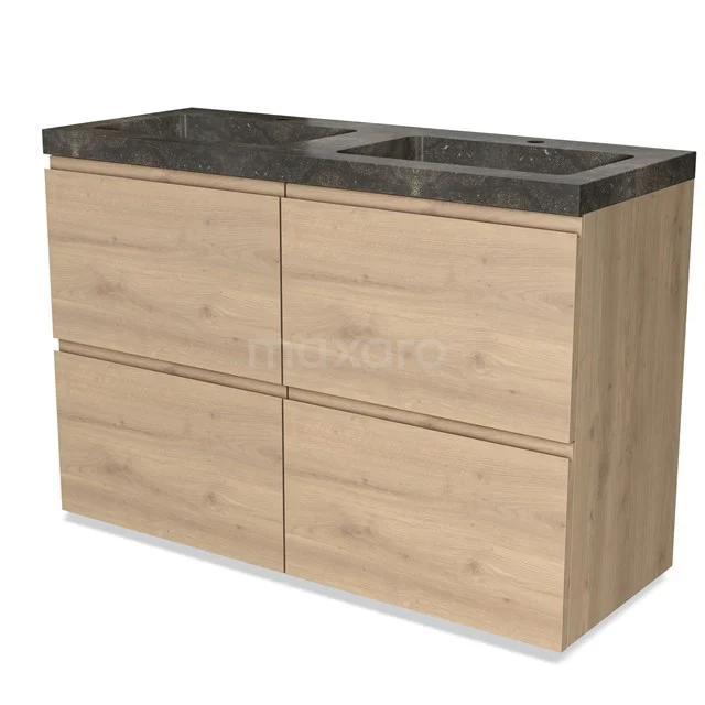Houten badkamermeubel met vier lades, zwart marmeren wastafelblad, modern design. Perfect voor stijlvolle badkamers.