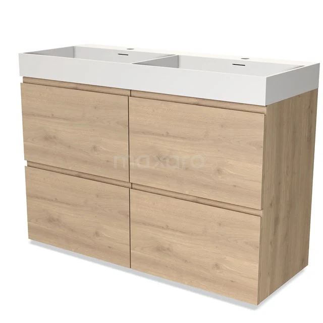 Badmöbel 120cm Modulo Hellbraune Eiche 4 hohe Schubladen Griffloses Waschbecken Solid Surface BMW14-00488 Eichenholz Badmöbel mit Doppelwaschbecken, moderne Ausstrahlung, ideal für stilvolle Badezimmergestaltung.