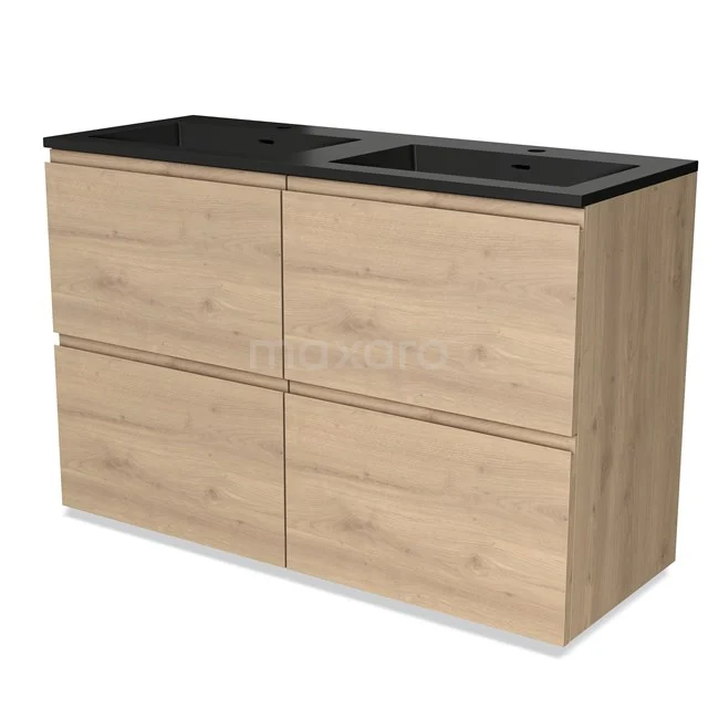 Houten badkamermeubel met zwart wastafelblad, dubbele wastafel en 4 lades, modern design en duurzaam materiaal.