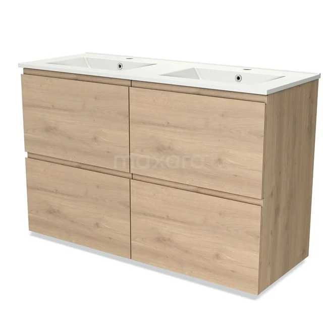 Badkamermeubel houtlook met dubbele wastafel, modern design, vier lades, ideaal voor extra opbergruimte in de badkamer.