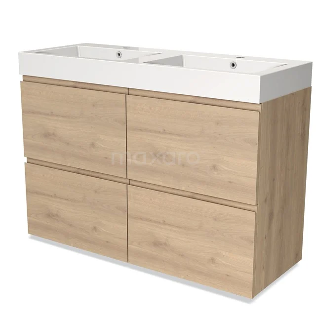Houten badkamermeubel met dubbele wastafel, moderne design, lichte eikenlook, perfect voor stijlvolle en praktische badkamers.