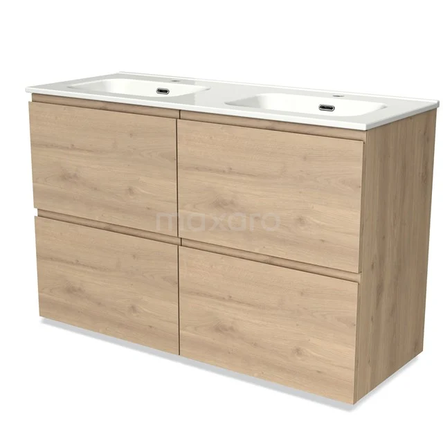Houten badkamermeubel met dubbele wasbak, moderne uitstraling, 4 lades, licht eiken finish voor stijlvolle badkamerinrichting.